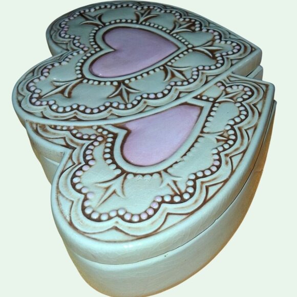 Vintage Heart-Shaped Ceramic Trinket Box With Pink  Beige Design - Picture 3 of 8